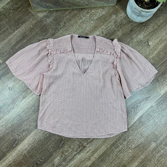 Magali Pascal Pink Shimmery Flowy Top Ruffle Sleeves - Picture 2 of 5